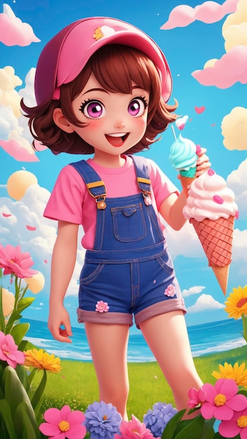 Joyful Cartoon Character Enjoying an Ice Cream Treat