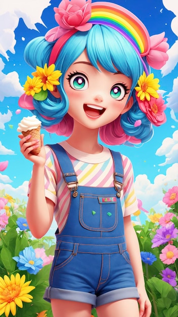 Joyful Cartoon Character Enjoying an Ice Cream Treat