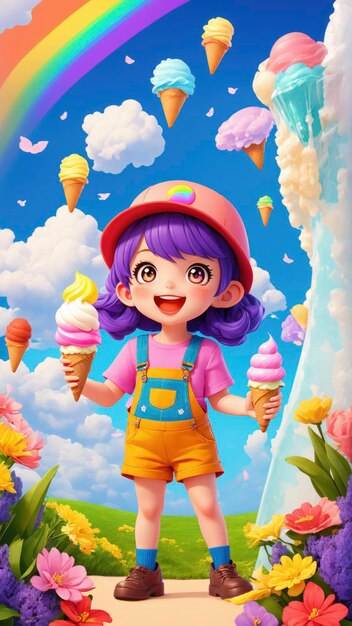 Joyful cartoon character enjoying an ice cream treat
