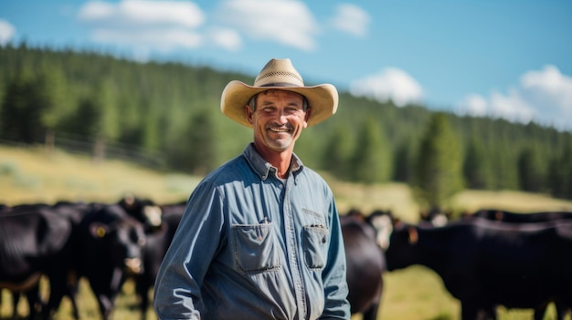 Photo joyful cattle rancher with contented steer