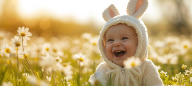 Joyful caucasian kid in easter bunny costume laughing in spring meadow