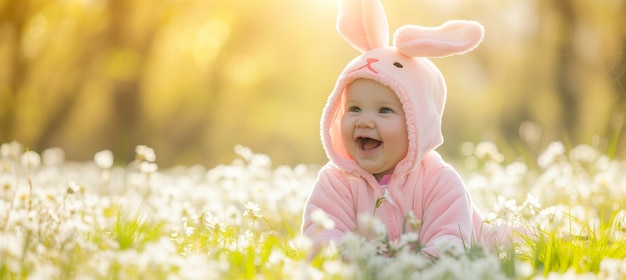 Joyful caucasian kid in easter bunny costume laughing in spring meadow
