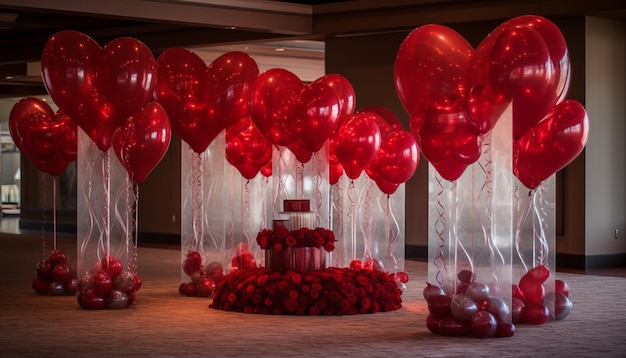 Joyful celebration with balloons decorations gifts and love in background generated by artificial intelligence