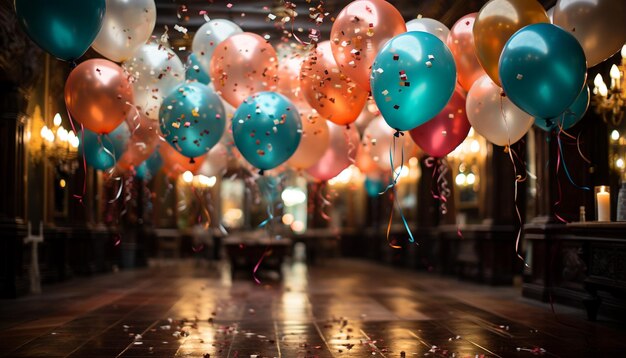 Photo joyful celebration with colorful balloons in the night generated by ai