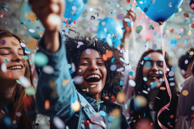 A joyful celebration with confetti and balloons