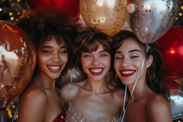 Foto celebrazione gioiosa con gli amici tre donne sorridenti con palloncini e allegria festiva