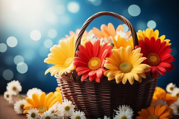 Photo joyful celebration with a full basket of bright colorful colors on blue background