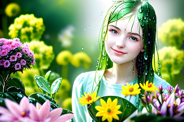 Joyful charming young woman of 20 years old stands alone in full greenfly garden holding big bunch o