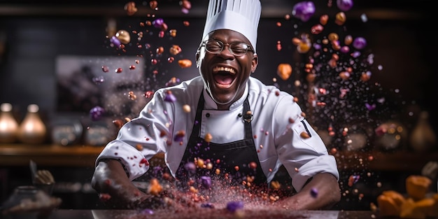 Photo joyful chef in action cooking with passion in a dark kitchen culinary artist creates edible magic celebratory atmosphere dynamic food preparation scene ai