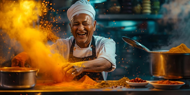 어두운 주방에서 불꽃으로 요리하는 즐거운 요리사 요리 예술과 열정적인 전문 요리 주방 AI의 생생한 이미지 스타일 흥분