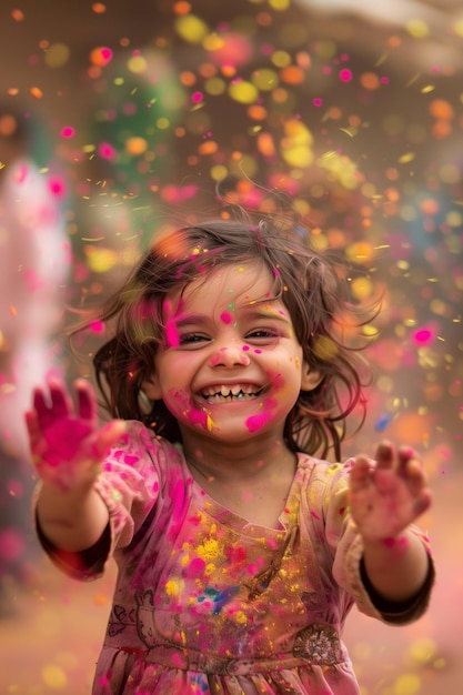 Joyful child celebrating holi festival with vibrant colors and smiles