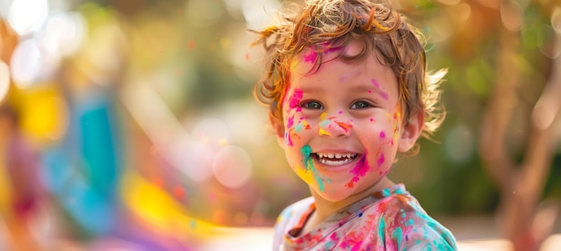 Joyful child celebrating holi festival with vibrant colors and smiles