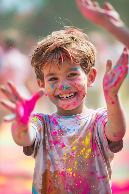 Joyful child celebrating holi festival with vibrant colors and smiles