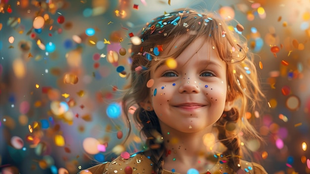 Photo joyful child celebrating with colorful confetti outdoors
