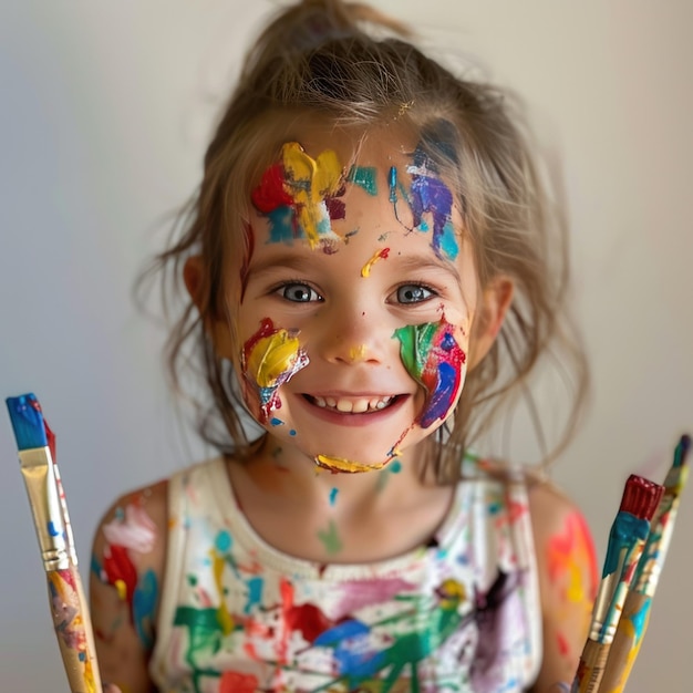 Foto bambino gioioso coperto di vernici con pennelli una giovane ragazza allegra con il viso pieno di vernici colorate tiene i pennelli che mostrano il divertimento e la creatività della pittura