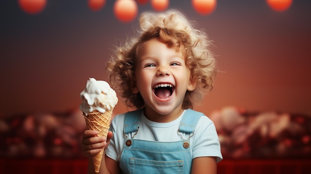 Foto bambino gioioso che si delizia con il cono di gelato bambino felice che si delizza con la prelibatezza del gelato ia generativa