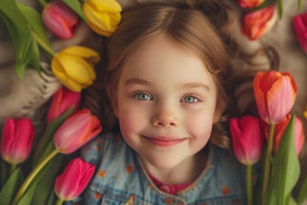 Joyful Child Embracing Colorful Tulips Beside Her Beaming Mother