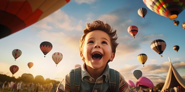 Joyful child experiencing a hot air balloon festival at sunset childhood excitement and wonder AI