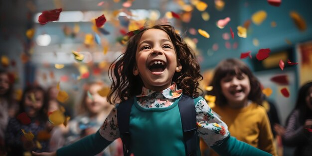 Joyful child in a festive atmosphere celebrating with excitement confettifilled air capturing the essence of a happy moment AI