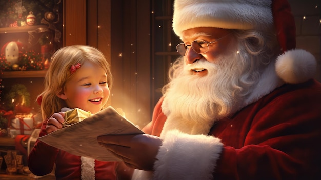 Joyful child gives a letter with wishes to Santa Claus