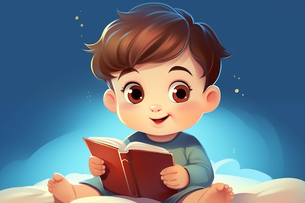 Photo a joyful child holding a book in rivers a small child sits reading a book generate ai