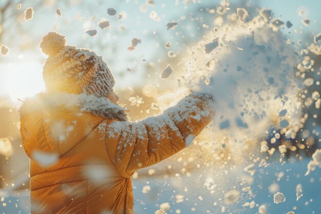 写真 陽光 に 照らさ れ て いる 冬 の 奇跡 の 国 で 雪 で 遊ぶ 喜び の ある 子供