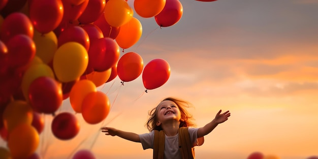 Joyful child reaching for colorful balloons at sunset a moment of pure happiness and freedom experiencing the wonder of childhood AI