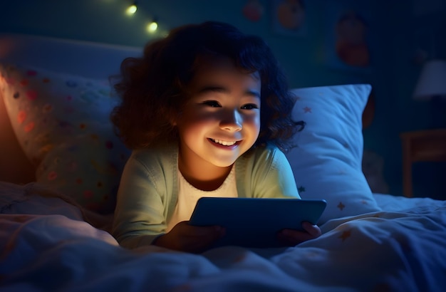 Joyful Child Reading Tablet Under Night Lights