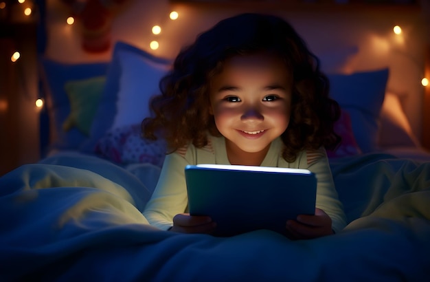 Photo joyful child reading tablet under night lights