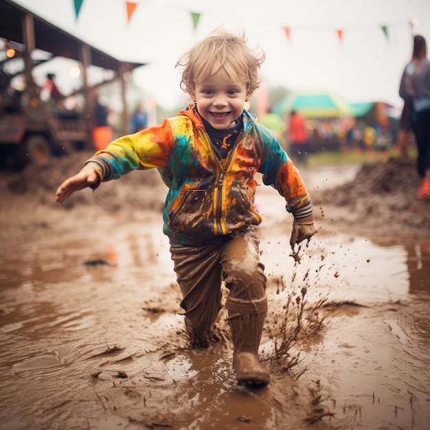 Photo joyful child running through the mud