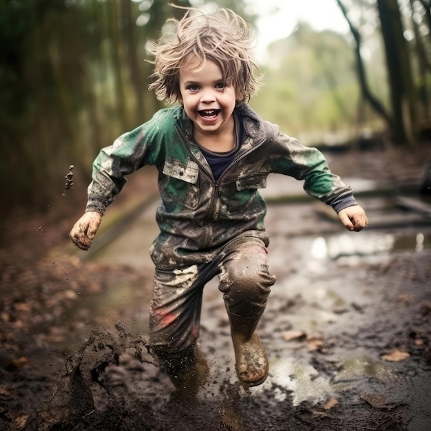 Радостный ребенок бежит по грязи