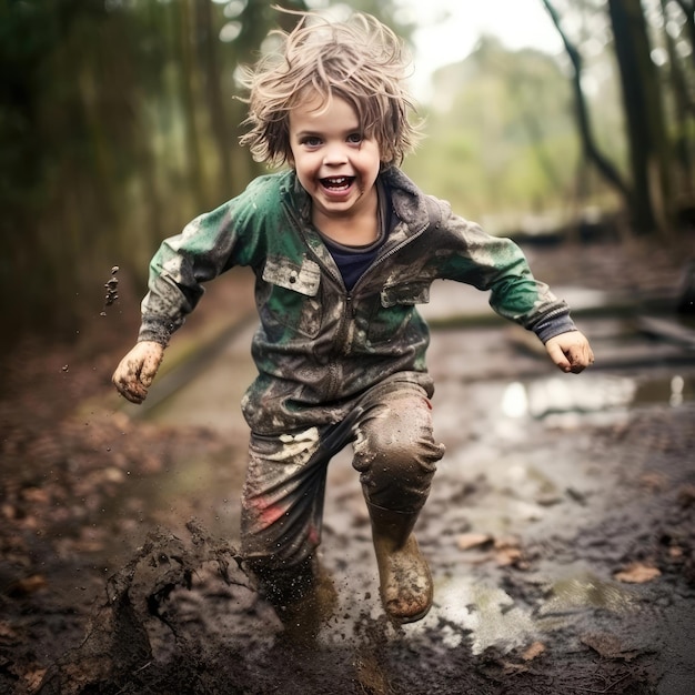 Joyful child running through the mud