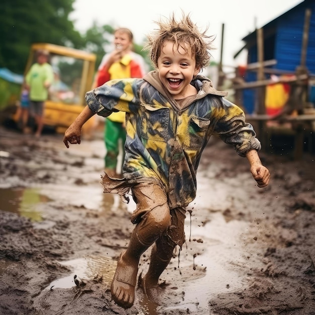Photo joyful child running through the mud