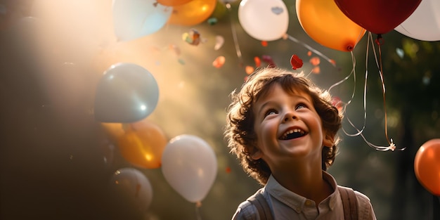 Joyful child surrounded by colorful balloons in sunlight a moment of happiness captured perfect for celebration themes AI