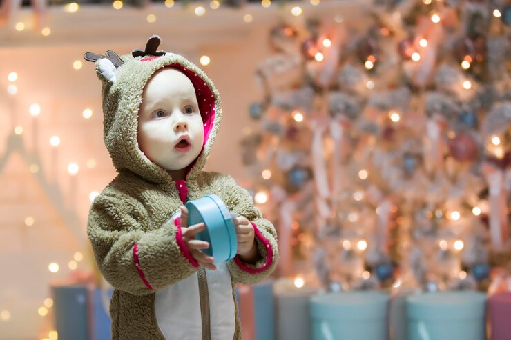 Joyful child with a gift at the New Year tree