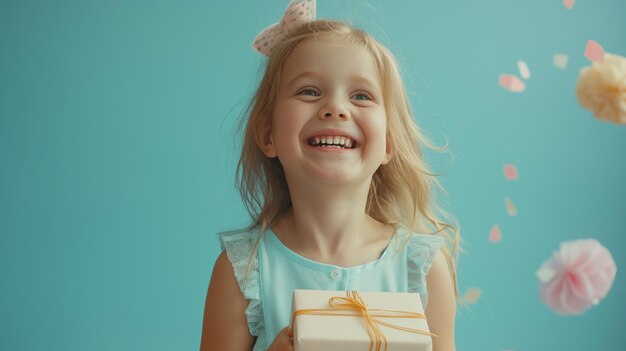 Joyful child with present on blue background