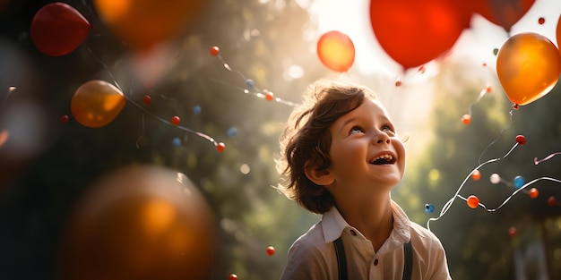 Joyful child with sparkling eyes amidst flying balloons and lights whimsical moment captured at sundown AI