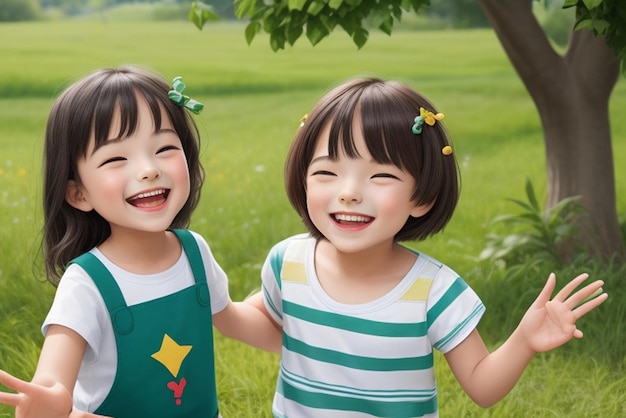 즐거운 어린 시절 모험 행복 한 아이 들 은 자연 에서 여름 의 재미 를 받아들이고 있다