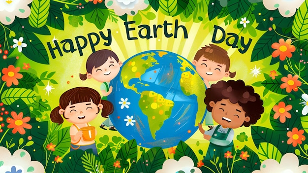 Joyful children alongside the text Happy Earth Day celebrating the planet and its beauty