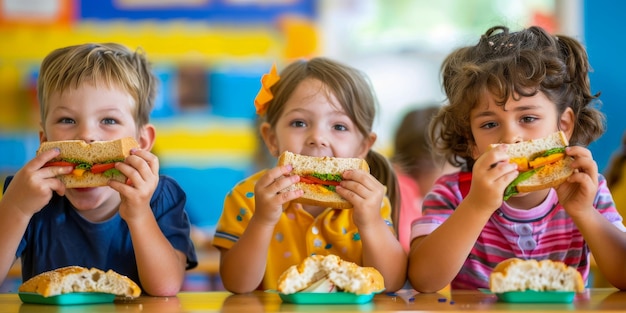 사진 즐거운 어린이 들 이 유치원 점심 시간 에 샌드위치 를 즐기고 있다