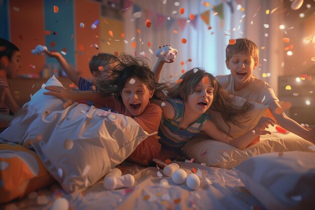 Joyful children giggling and having a pillow fight