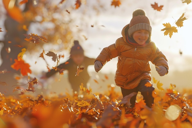 Photo joyful children playing in autumn leaves