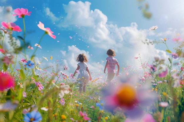 花の畑で遊ぶ喜びに満ちた子供たち オクタ