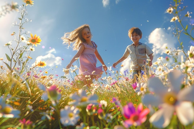 Joyful children playing in fields of flowers