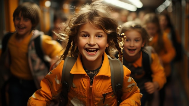 Photo joyful children racing through school corridors