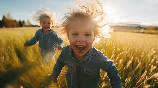 Photo joyful children running in a field capturing the essence of freedom and happiness in childhood