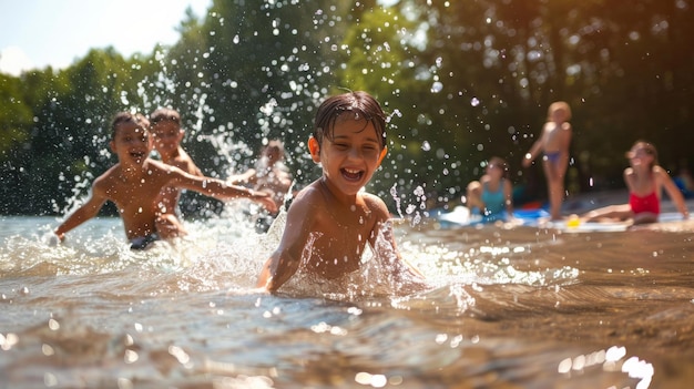 Joyful children splashing in a crystalclear lake with their parents cheering from a nearby picnic blanket