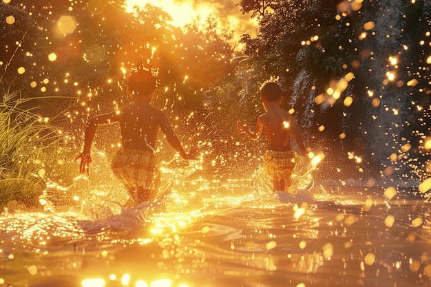 写真 joyful children splashing in a sparkling stream oc