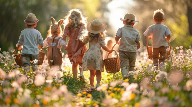 Joyful Children on a Spring Meadow Easter Egg Hunt