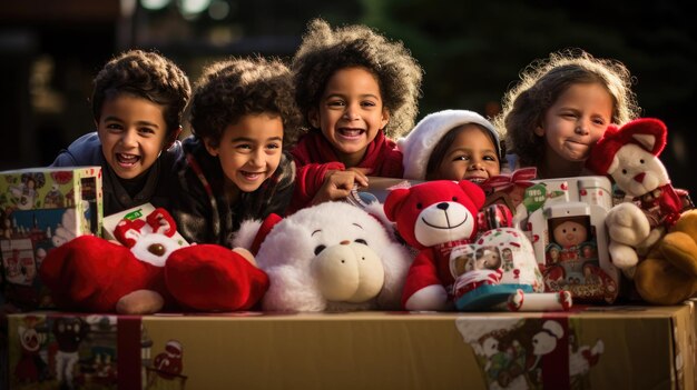 Photo joyful children surrounded by plush christmas toys and gifts smile and laugh in a heartwarming holiday setting